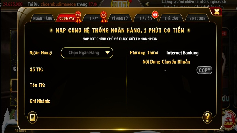 Nạp tiền HitClub qua tài khoản ngân hàng